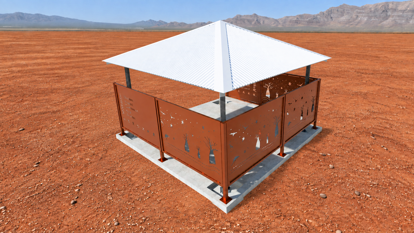 Render of the BBQ shelter on red dirt