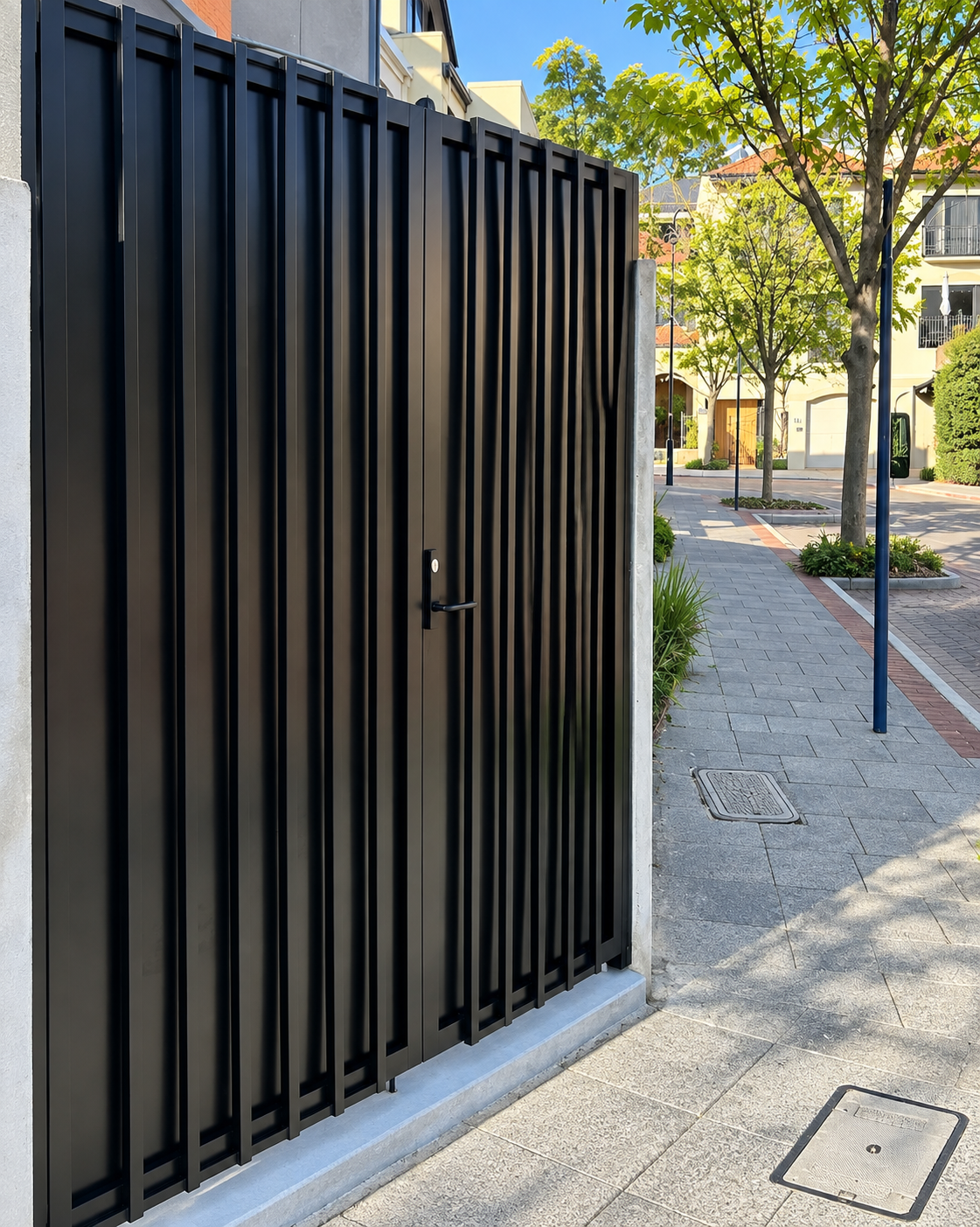 Custom black aluminium gate beside a tidy tree-lined footpath
