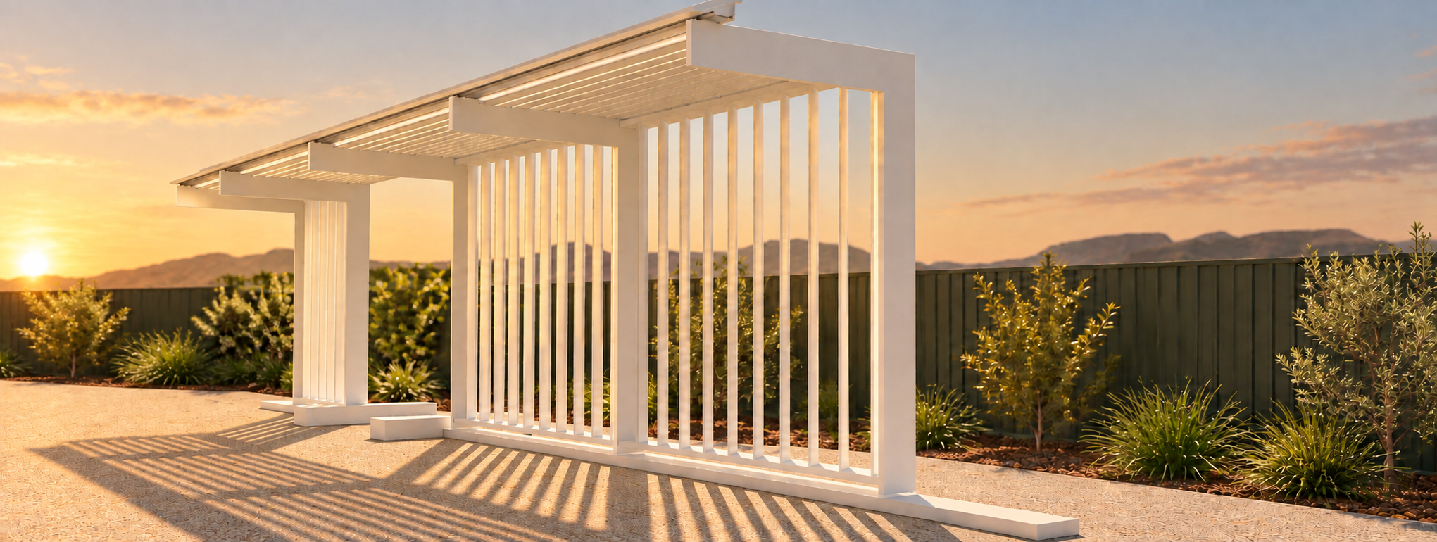 Warm sunset render of a white pergola and vertical screen