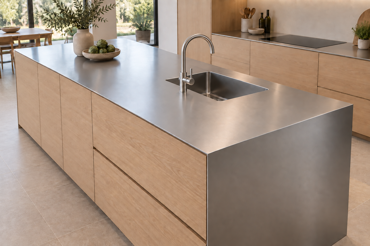 Six millimetre stainless steel kitchen benchtop with integrated sink