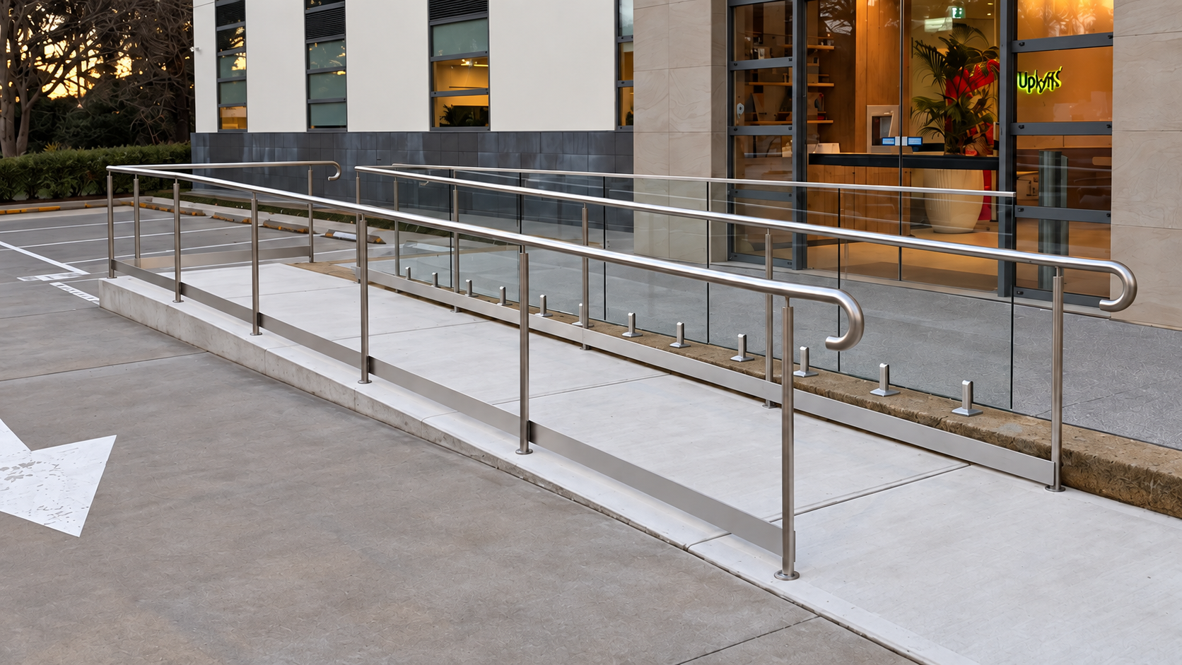 Stainless steel handrails and glass balustrade along an accessible ramp